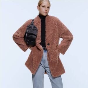 Zara Pink Shearling Fluffy Teddy Coat Jacket collarless one button size medium